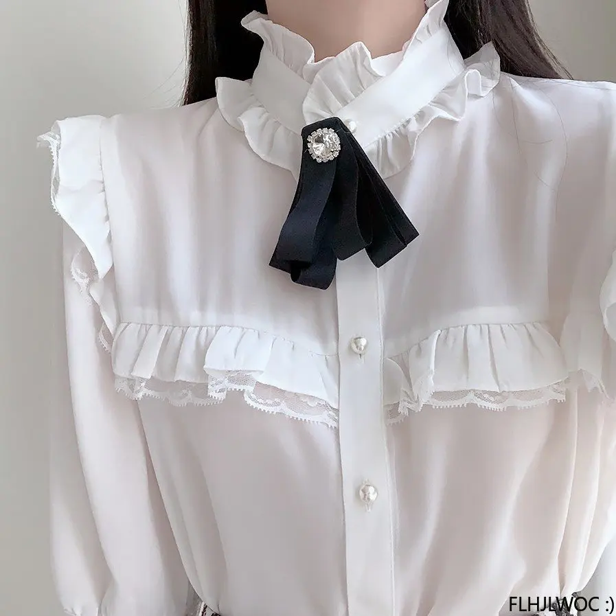 2023 Hot Sales Women\'s Cute Sweet Girls Vintage White Lace Ruffled Ribbon Tops Hot Sales Button Elegant Formal Shirts Blouses