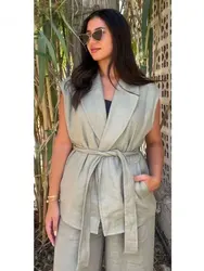 HH Female Fashion 2 Piece Suit Casual Set Elegant Belt Lapel Coats+Woman Vintage Lace Up Drape Solid Color Wide Leg Pant
