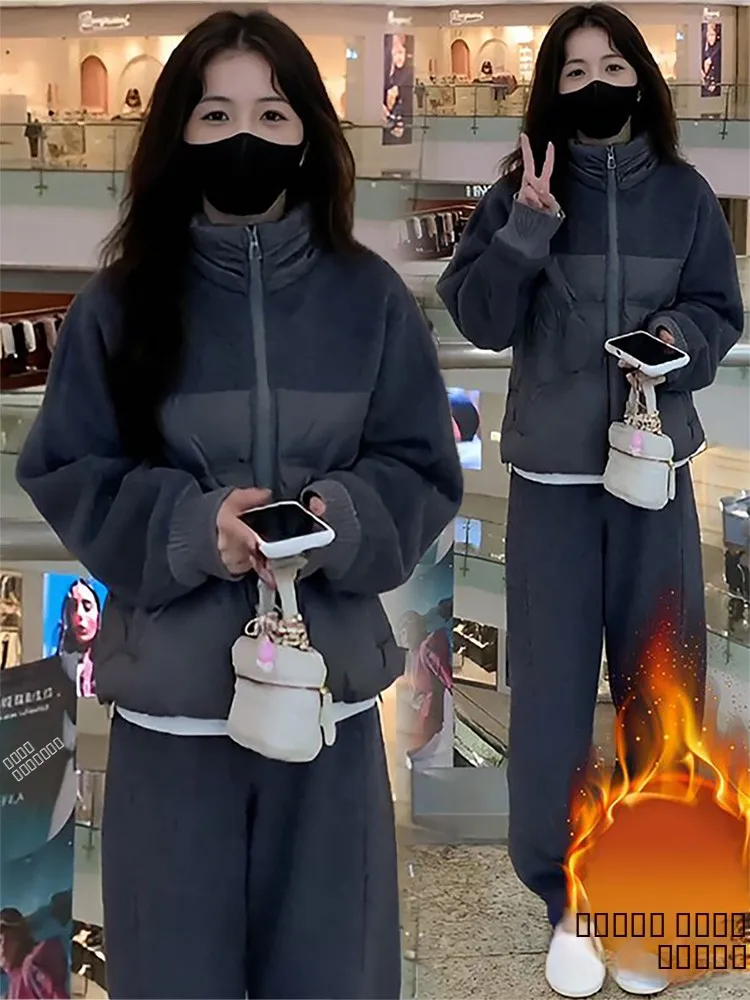 

Модный спортивный костюм для женщин: осенне-зимний новый комплект из хлопка – куртка, свитшот, верхняя одежда, свободный крой, теплый, стройнящий, из двух предметов, трендовый