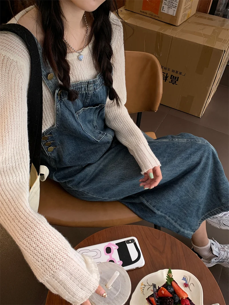 Autumn  Spring women long Tank Jeans dress 2024 Korean style  Jeans spaghetti strap Loose Vintage denim dress womens (yb9209)