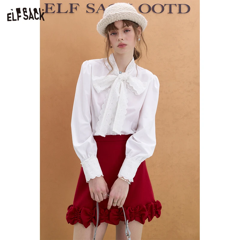 

ELFSACK 2025 Spring New Arrivals French lace bow tie white shirt for women Sweet long sleeve round neck top