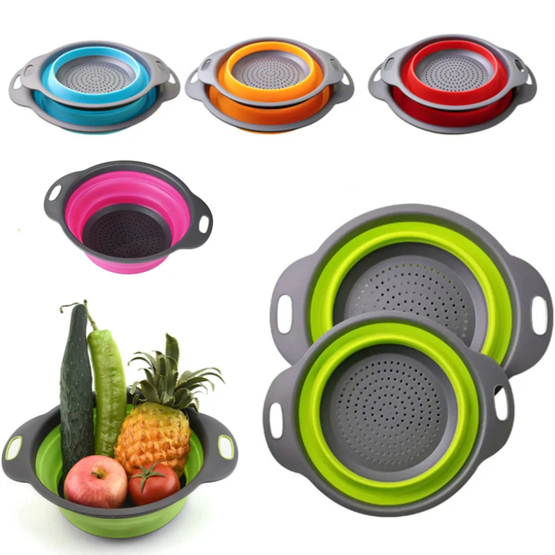 Foldable Vegetable Basket Silicone Colander Kitchen Folding Washing Drain Basket Plastic Storage Fruit Round Cleaning Basin