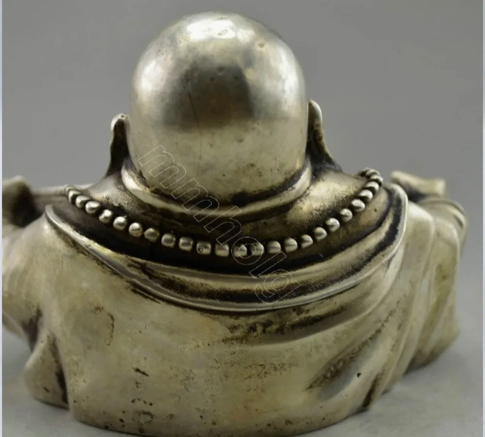 Collectible Decorated Old Handwork Tibet Silver Carve Buddha Hold Dustpan Statue