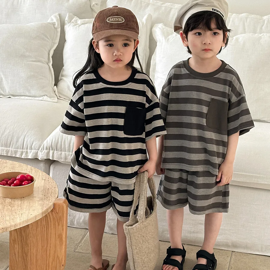 2026 Summer Unisex Kids Striped Tee & Shorts 2Pcs Set Casual Daily Outdoor Breathable Soft Toddler Neutral Matching Outfit