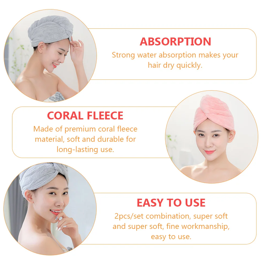 

2pcs Hair Turban Towels Super Absorbent Coral Fleece Drying Wraps For Women Quick Dry Cap Fits All Sizes Pink Grey