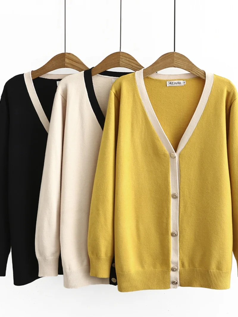 Spring Autumn 2023 Ladies Casual Knitted Sweater V-Neck Color Block Oversize Cardigan Korean Style  Breeze Long Sleeve