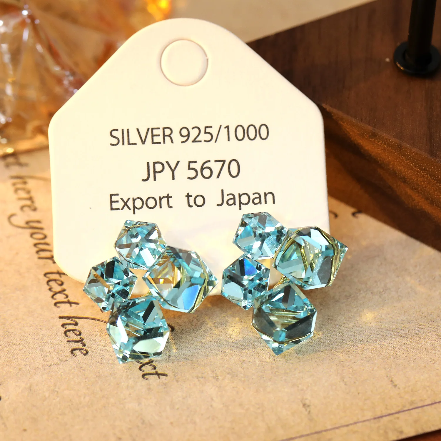 18K gold dream laser crystal geometric square stud earrings luxury temperament sea blue premium earrings