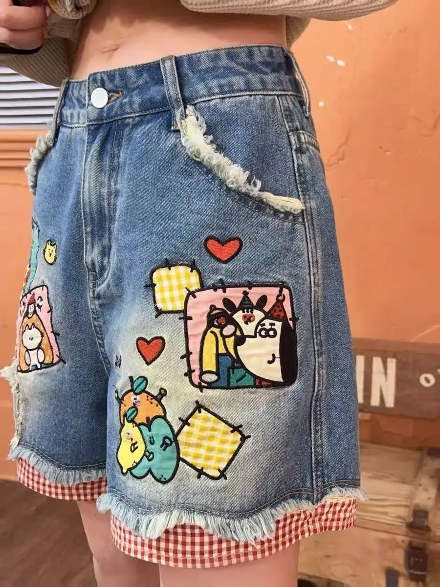 

Age reduction cartoon print patchwork checkered wide leg denim shorts new children's fun pattern INS loose thin hot pants