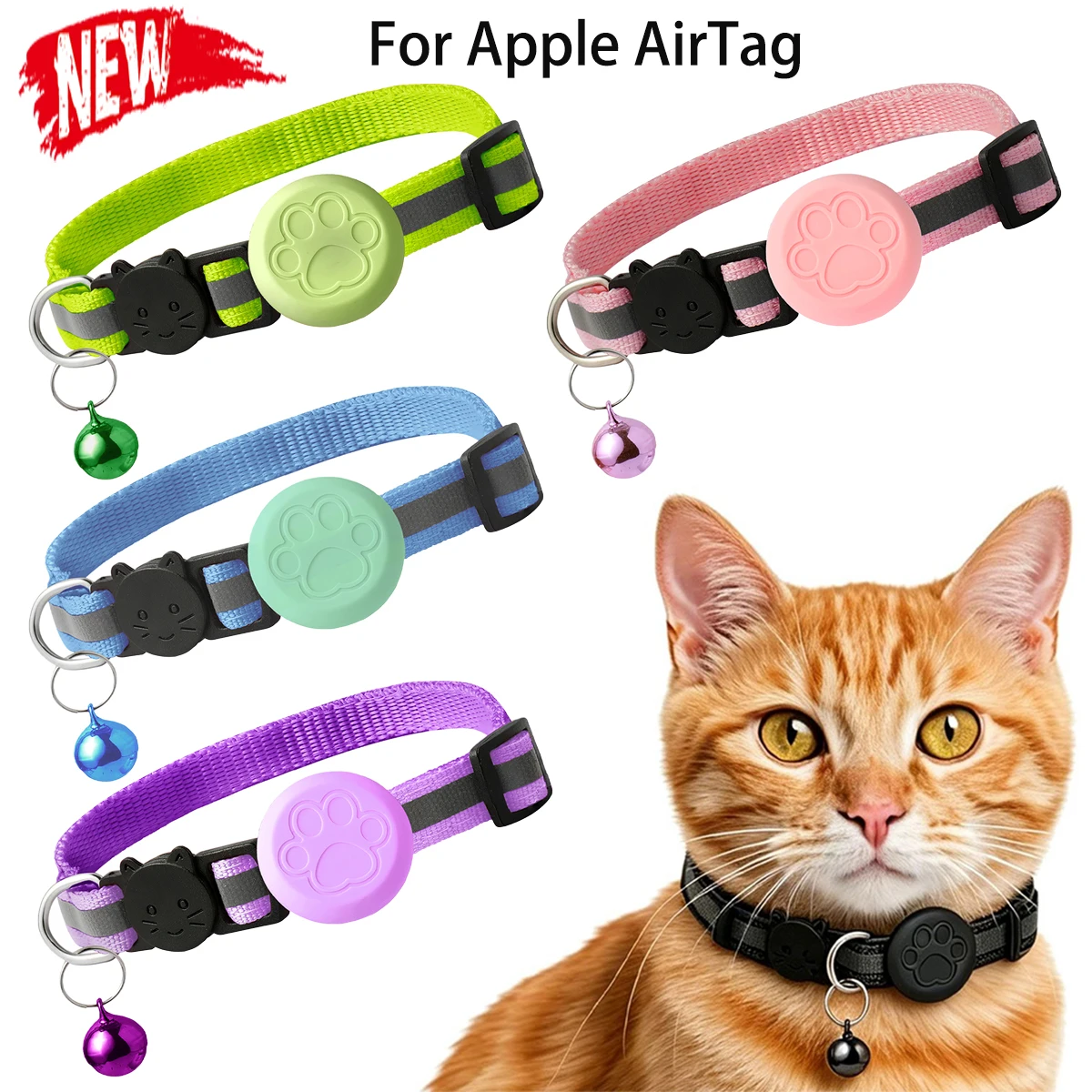 Cat/Dog Collar + Case For Airtag Reflective Safety Buckle with Bell, Adjustable Anti-Lost GPS Collar Holder for Kittens Puppies