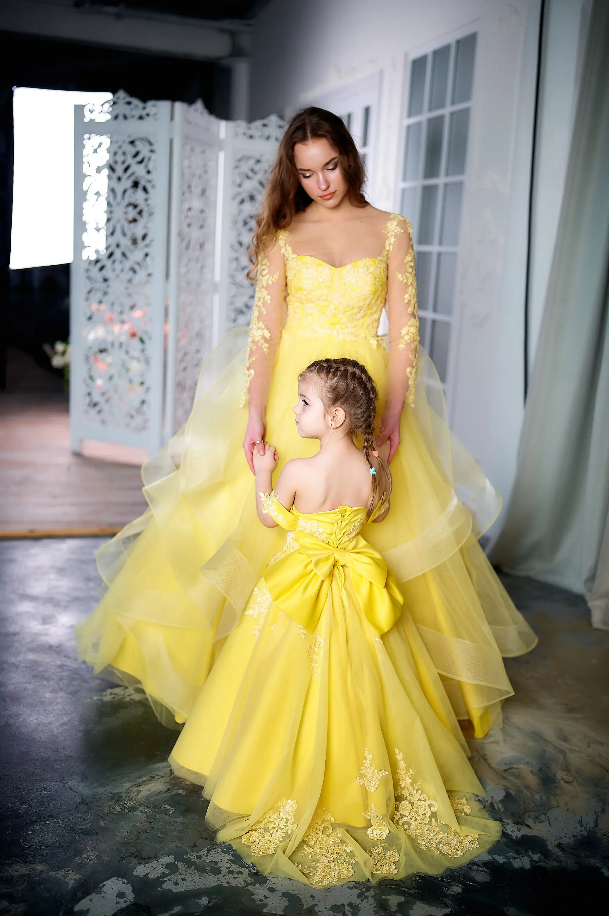 Yellow Mother Daughter Matching Dress Tulle Lace Mommy and Me Outfits Photo Session Kids Birthday Party First Communion Gowns