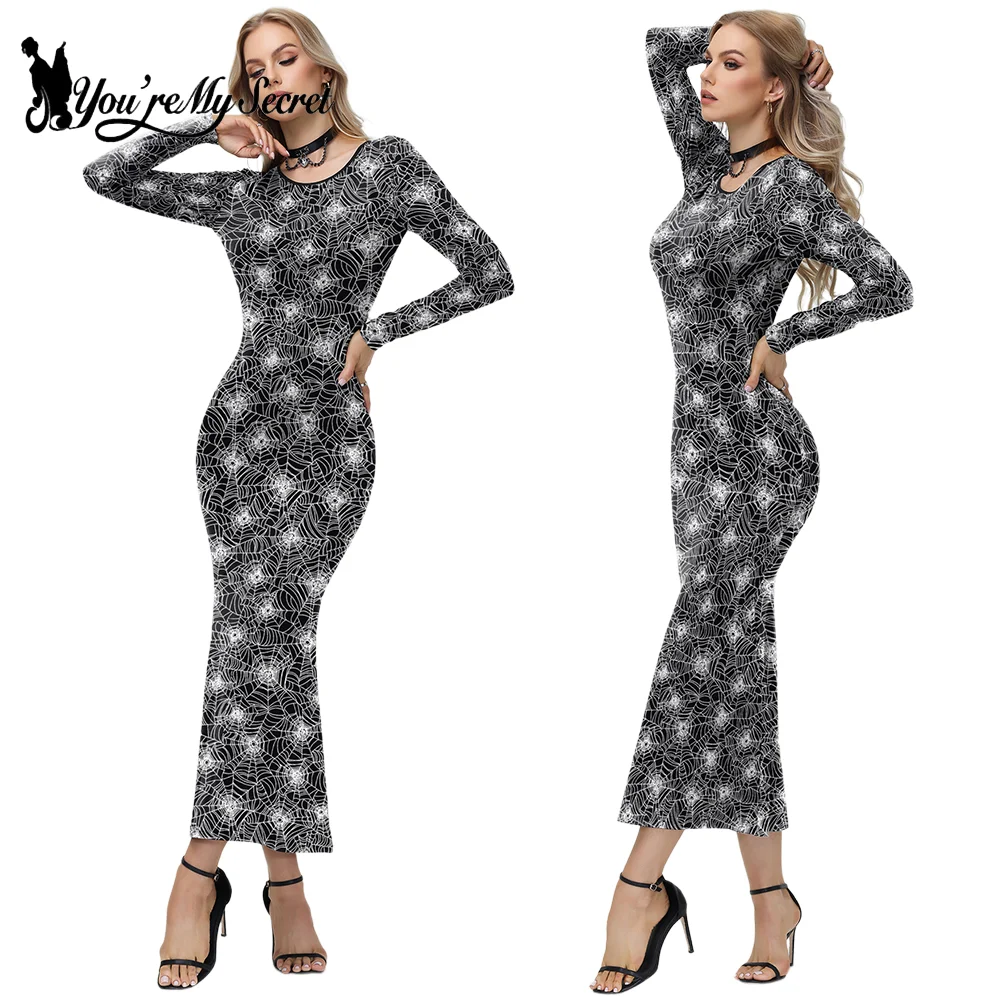 [You\'re My Secret] Halloween Gothic Skeleton Print Party Long Sleeves Bodycon Dresses For Women Vintage Dress Clubwear Vestidos