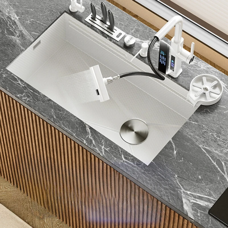 Cream style white kitchen sink 304 stainless steel vegetable wash basin honeycomb embossed sink with knife holder