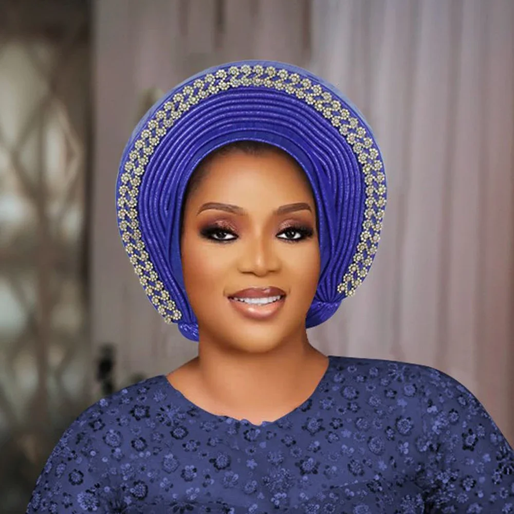 الزفاف الأفريقي قبعة عمامة الماس أشرطة رأس مطوي أغطية الرأس مع كريستال نيجيريا ربطة الرأس السيارات Gele القبعات بونيه الحجاب قبعة #3