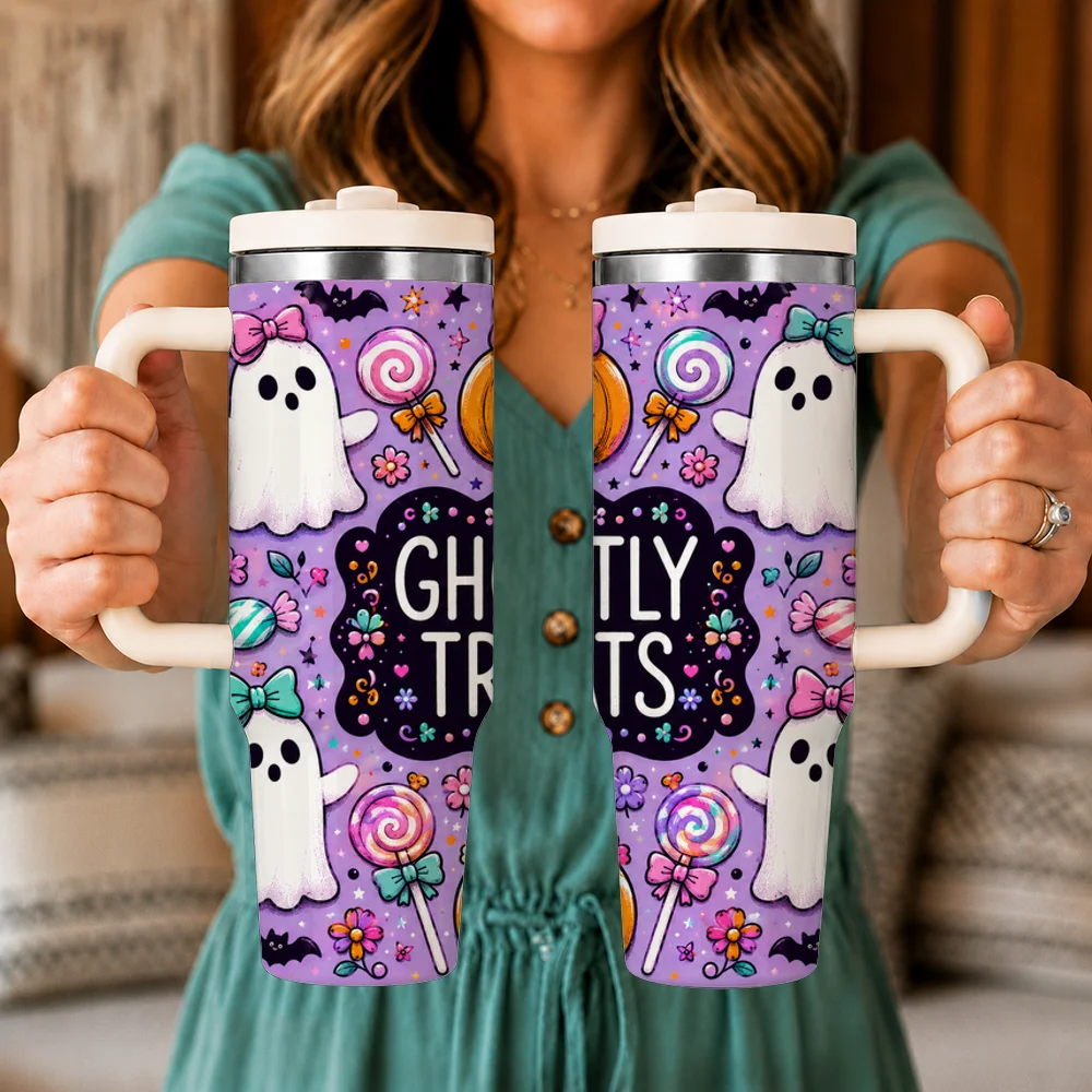 Cute Spooky Season Vacuum Flasks 40oz Leakproof Insulated Tumbler with Handle Straw Lid, Stainless Steel Travel Cup