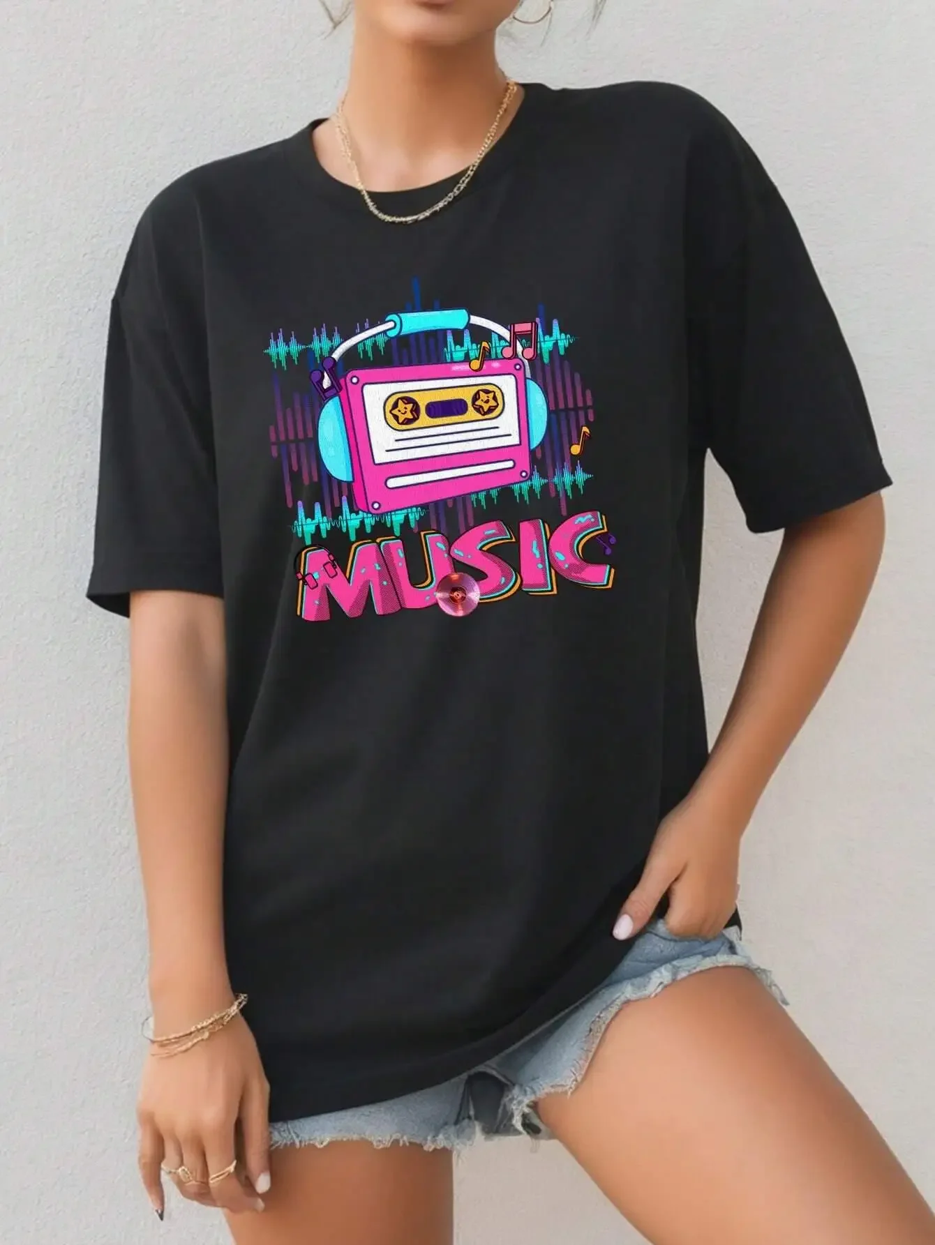 Funny Music Magnetic Tape Printing Clothes Women Cotton T-Shirt Street Loose Tops Fashion Casual Breathable Short Sleeve Tee