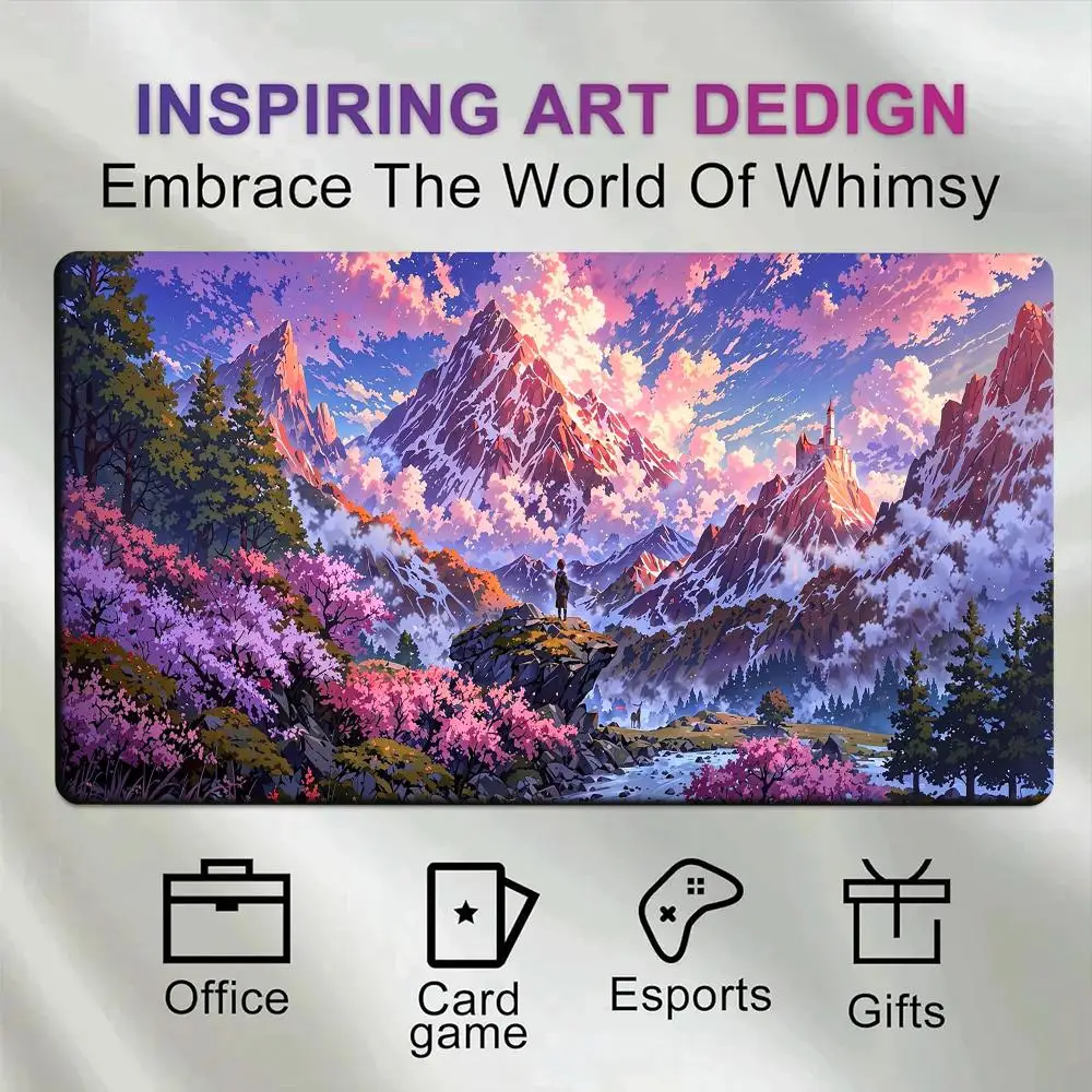 Vibrant Anime Adventure Landscape Snow Mountain Cherry Blossom Valley Remote Castle River Desk Mat alfombrillas gaming
