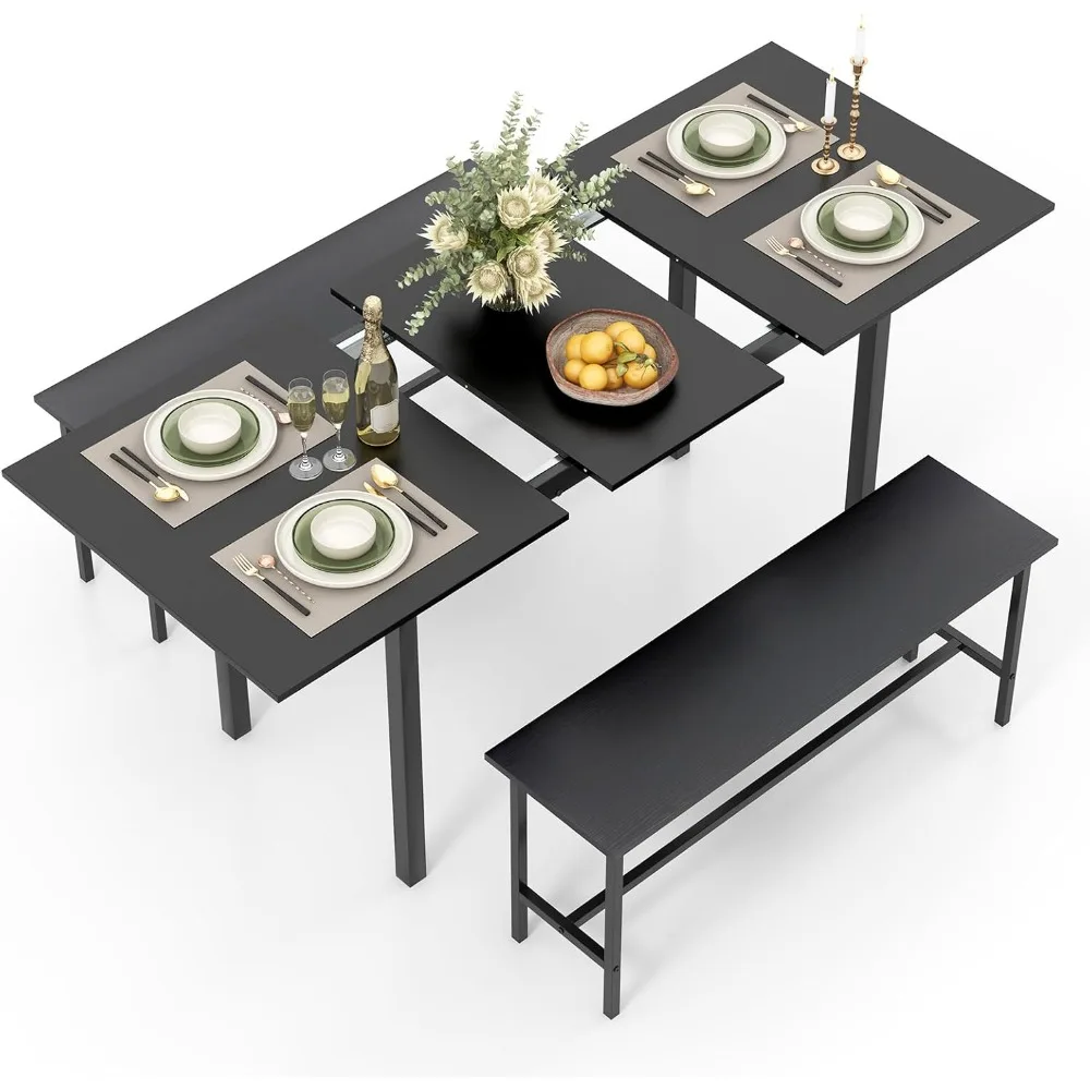 طقم طاولة طعام مكون من 3 قطع لطاولة مطبخ قابلة للتمديد مقاس 4-6، 63 بوصة مع مقعدين، حجرة طعام موفرة للمساحة مع إطار معدني #1