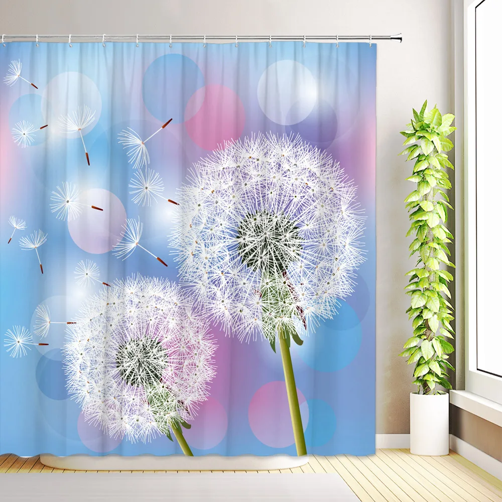 

Dandelion Natural Floral Shower Curtain Butterfly Watercolor Purple Flower Plant Bathroom Decor Fabric Bath Curtains with Hooks