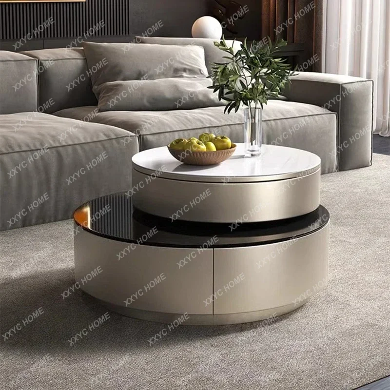 JJJJTempered Glass Coffee Table Rotating Double Size Round Creative Coffee Table