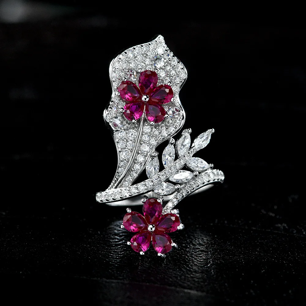 New S925 silver 0.2ct water droplet 3 * 4 niche design flower ring cultivation red treasure ring wedding jewelry