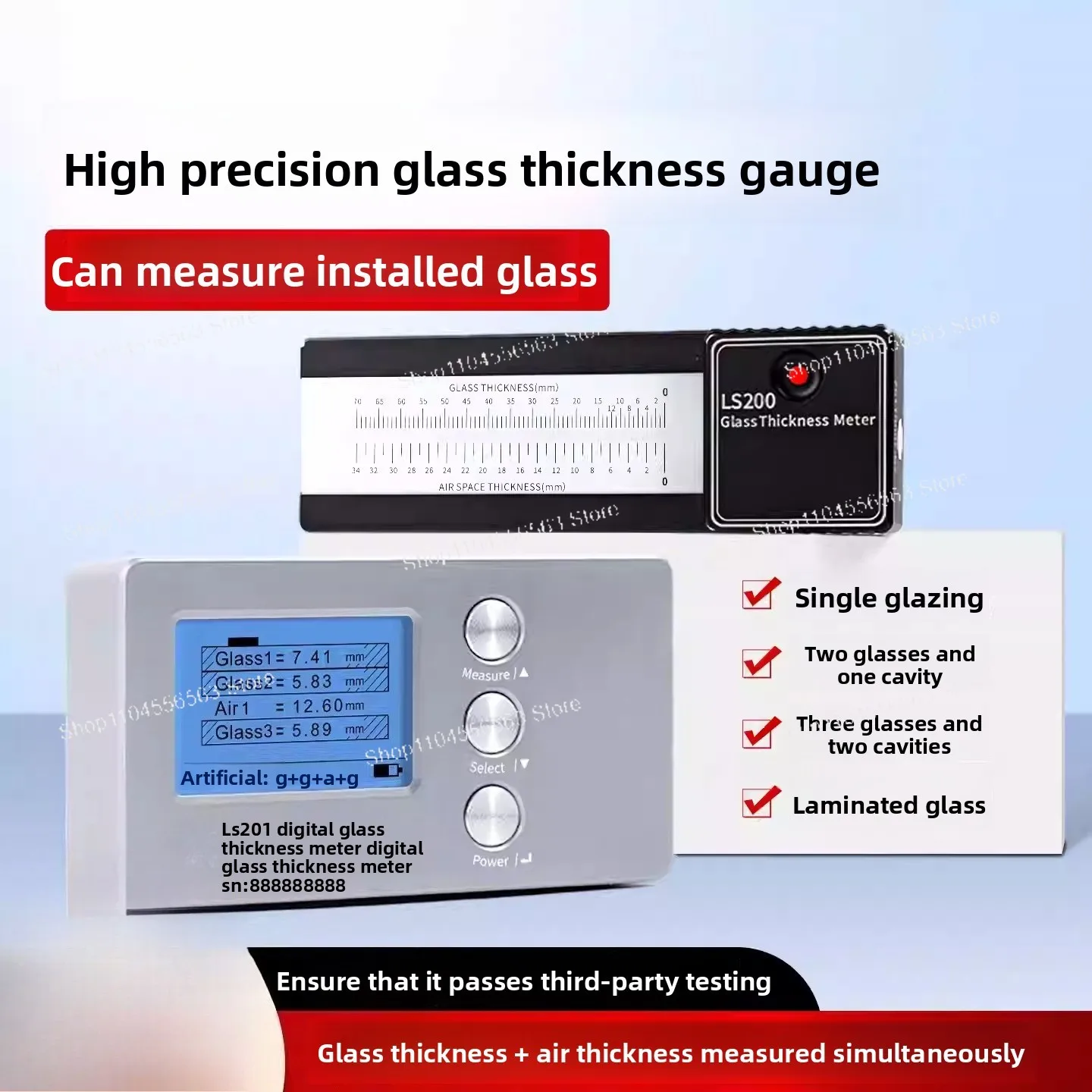 Window Glass Thickness Gauge, LS201 Digital Laser Type, Special for Double/Triple Hollow Glazing, Precision Tool