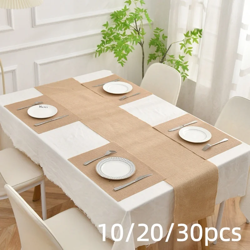 10/20/30 pièces de sets de table rectangulaires en jute à bords tissés, adaptés aux mariages en milieu rural et aux scènes de cuisine champêtres.