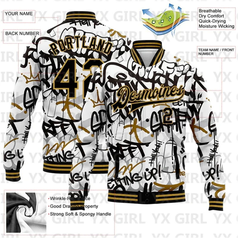 Custom Graffiti Pattern Black-Old Gold Grunge Urban Street Art 3D Bomber Full-Snap Varsity Letterman Jacket