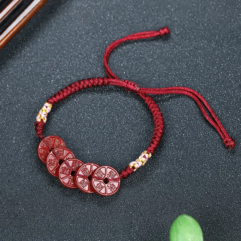 Cinnabar Five Emperor Coins Bracelet Energy Bracelets for Women Feng Shui Natural Jewelry Bracelet Stone Man Gemstone Amulet