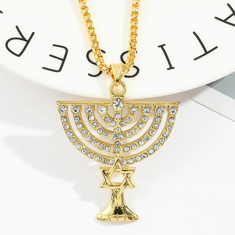 Stylish Retro Yellow Menorah Pendant Necklace Gold Color With Zircon Setting Magen Star of David Jewish Religious Israel Jewelry