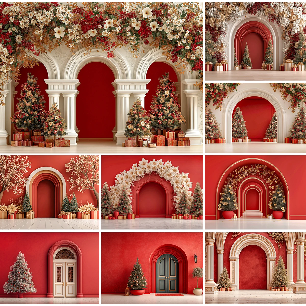 

Merry Christmas Backdrop for Photography Retro Arch Red Wall Flower Decor Backgrounds Adult Kids Portrait Photo Studio Props