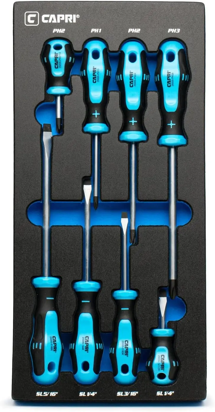 

Professional 8-Piece Screwdriver Set with Anti-Roll Design and Comfort Grip, Includes Mechanics Tray