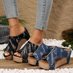 Fashion Women Wedge Shoes Summer Flat High Heel Design Blue Slippers Women Fishbone Shoes Large Size Ladies Denim Beach Sandals