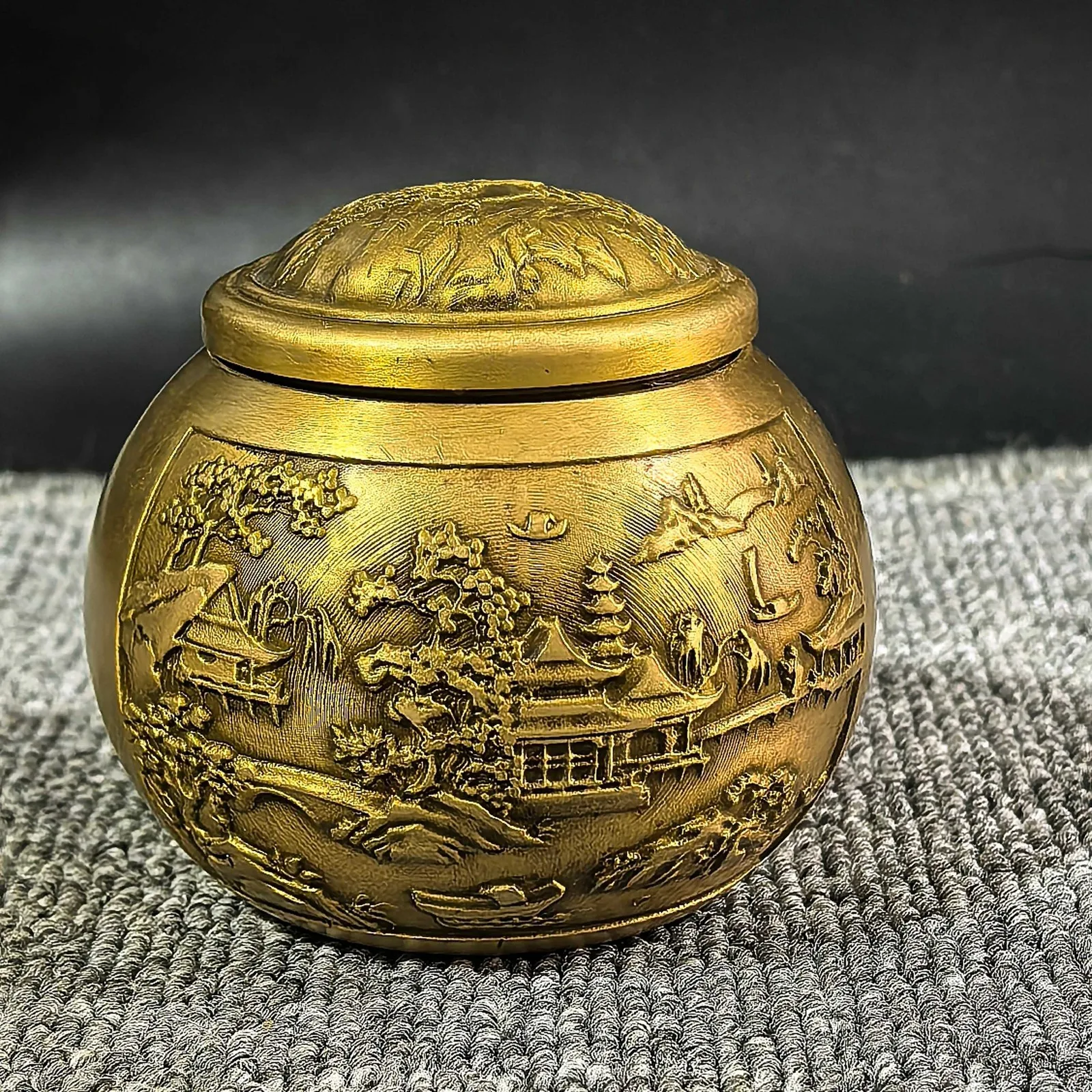 Solid Brass Tea Canister Poetic Landscape Airtight Storage