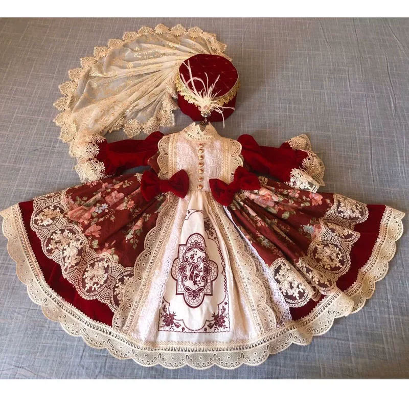 Handmade Christmas Girls Spanish Princess Dress First Birthday Dress New Year's Clothes Kids Dresses for Girls Eid Clothes