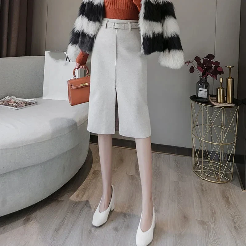 

Woolen Solid Color Half Body Skirt Women's Autumn and Winter Slim Fit A-line Skirt High Waist, Medium Length Split Hip Skirt