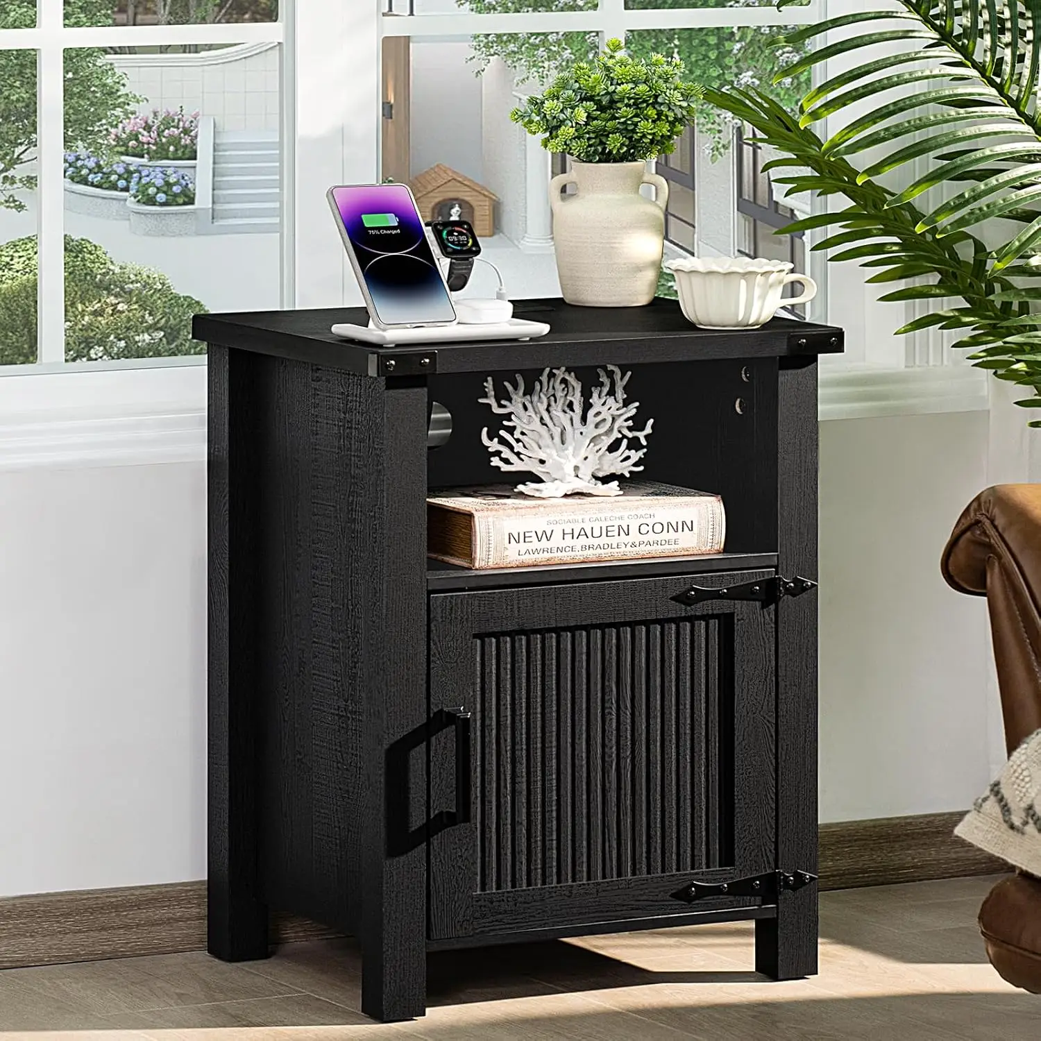 

18 Inch Farmhouse Nightstand with with Charging Station and USB Port, Rustic Couch End Table with Magnetic Door, Wo