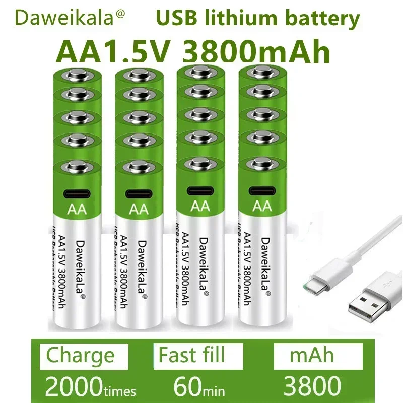 Batería recargable de carga rápida de 1,5 V AA1.5V 3800 MAH batería de litio de repuesto linterna LED, cámara, teclado y ratón