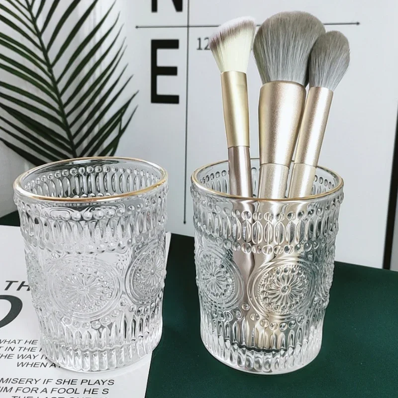 260ml/400ml Embossed Gold Edged Sunflower Glass Cup Makeup Brush Cylinder Desktop Storage Pen Bucket Water Cup Washing Cup