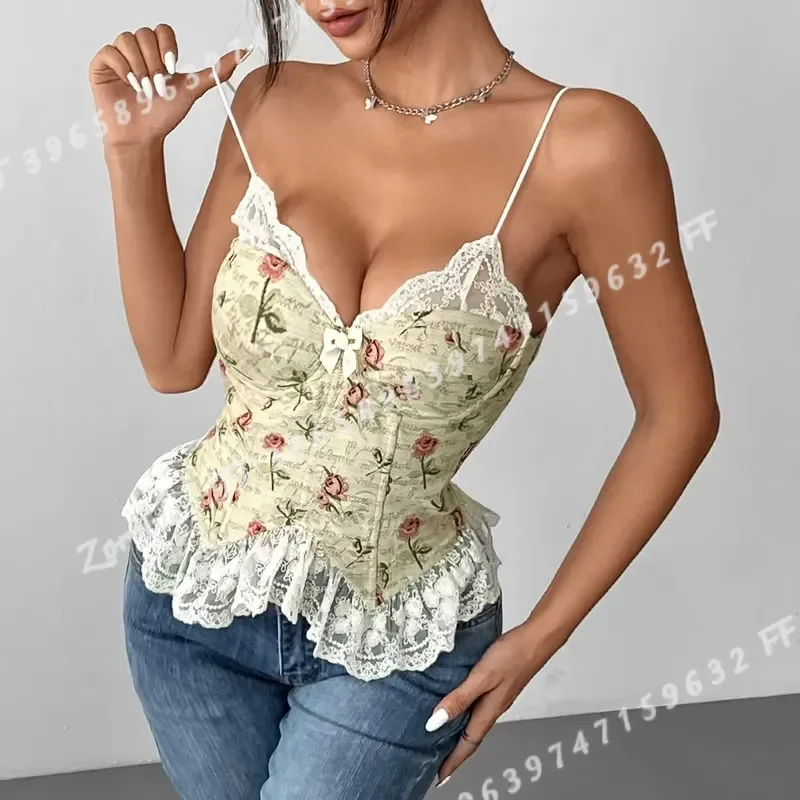 Vintage Rose Floral Corset Cami Women Thin Spaghetti Strap Lace Trim Bow Design V Neck Back Lace Up Slim Y2K Cropped Tank Top