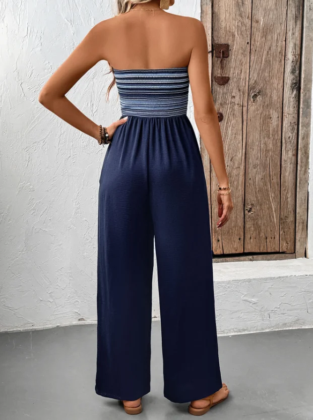 Jumpsuit Woman Summer Casual Jumpsuit Strapless Elastic Splicing Striped Printed Casual High Waisted Slim Fit Wide Leg Jumpsuit