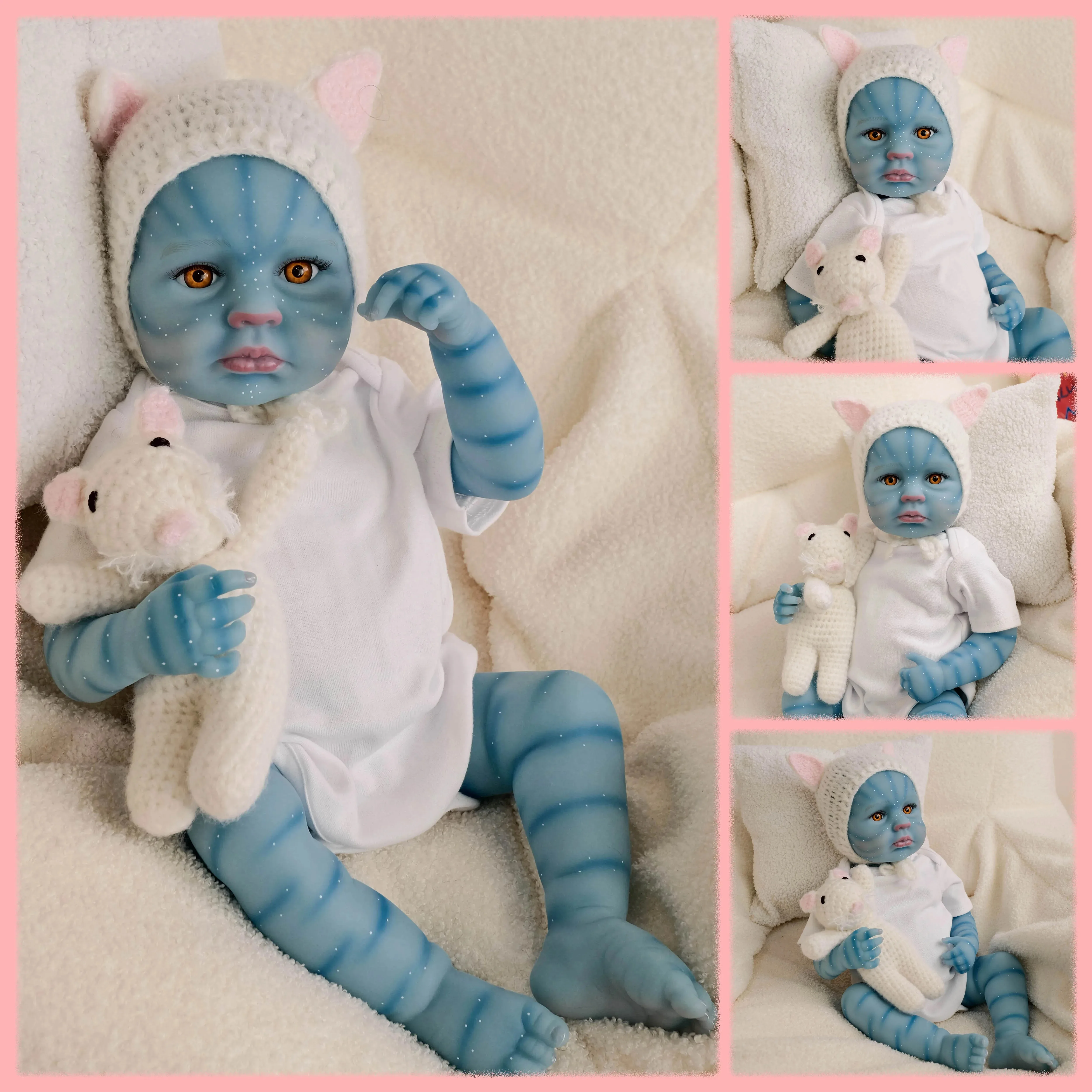 19 inch LouLou Blauwe huid Volledige Vinyl Meisje Lichaam Levensechte Reborn Babypop Meerdere Lagen Schilderen 3D Huid Handgeschilderd Haar