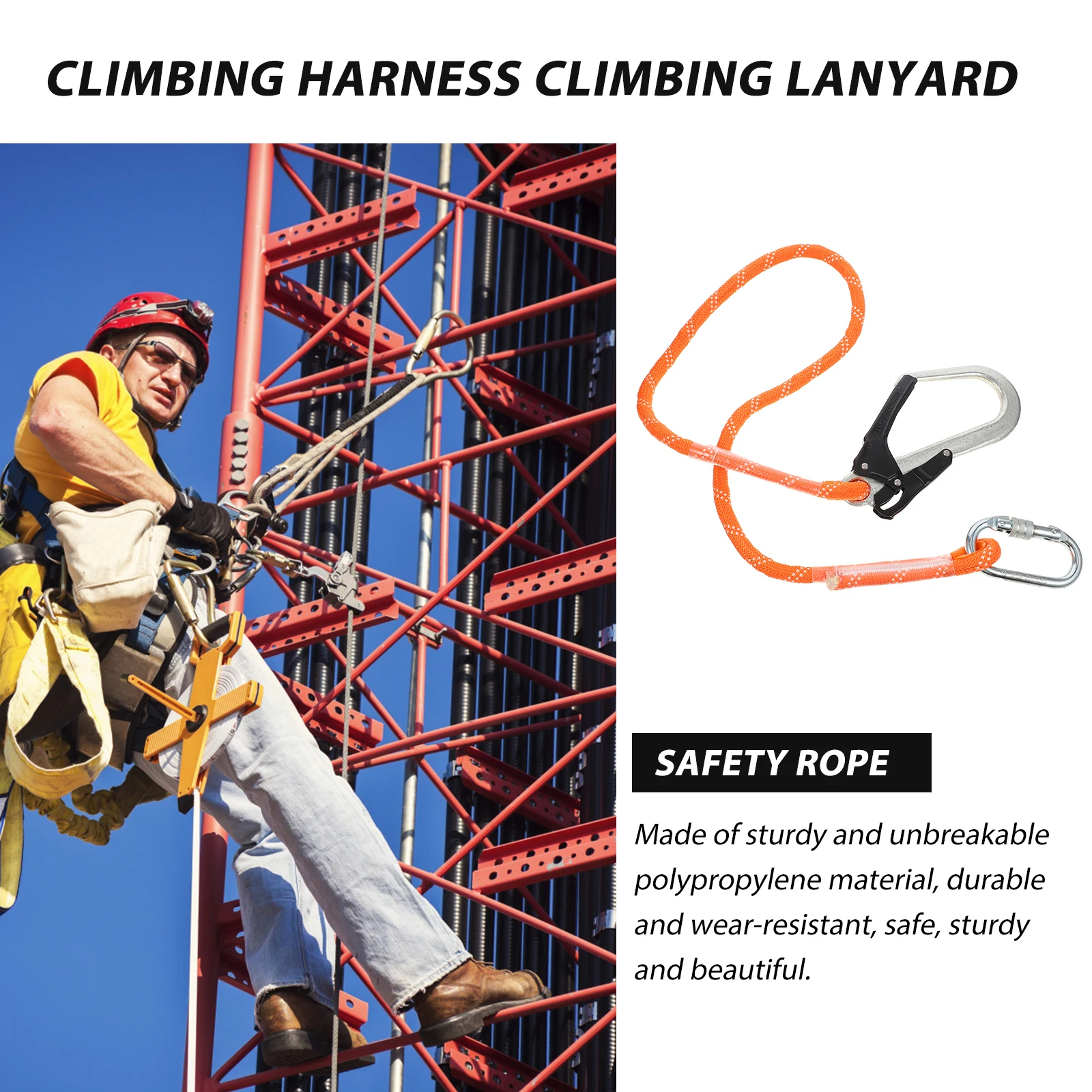 Safety Climbing Lanyard Durable Polypropylene Heavy Duty Adjustable Rope Harness Belt Single Hook Mountaineering Equipment