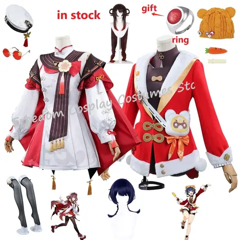 Game Genshin Impact Lantern Rite Xiangling Cosplay Costume Wig Hu Tao Cherries Snow Laden Outfit Hair Red Costumes for New Year