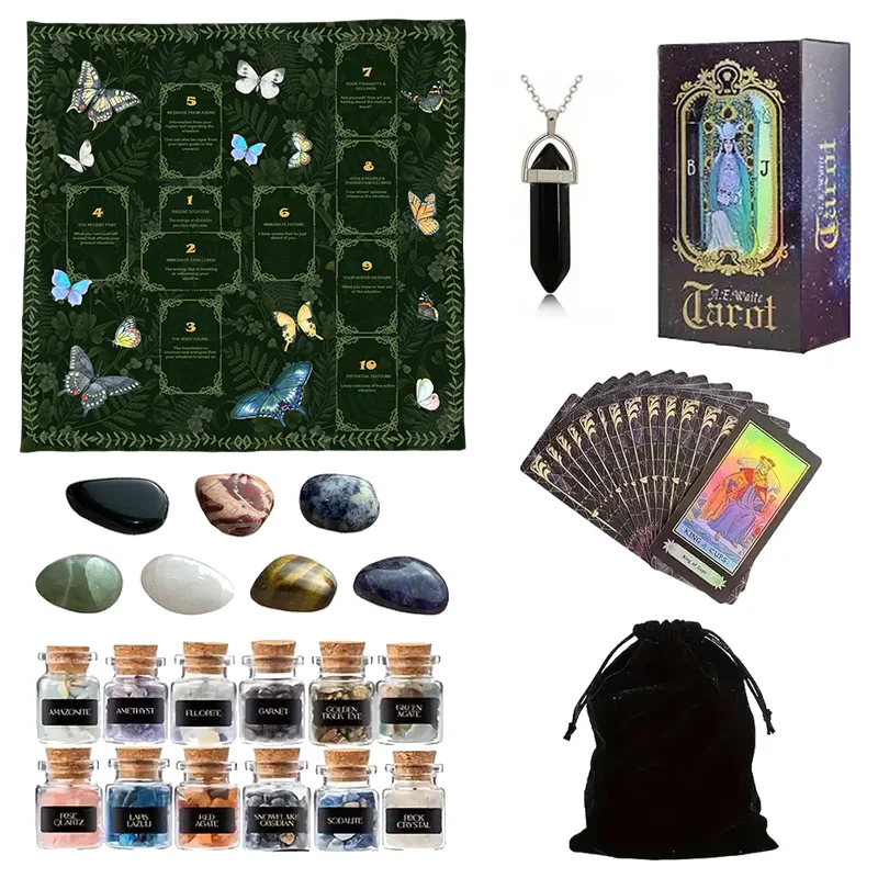 

Tarot Card Set 1 Set 78 Tarot Cards 12 Mini Crystal Vases 7 Chakra Stones 1 Tarot Tablecloth 1 Pendant Accessory 1 Storage Bag