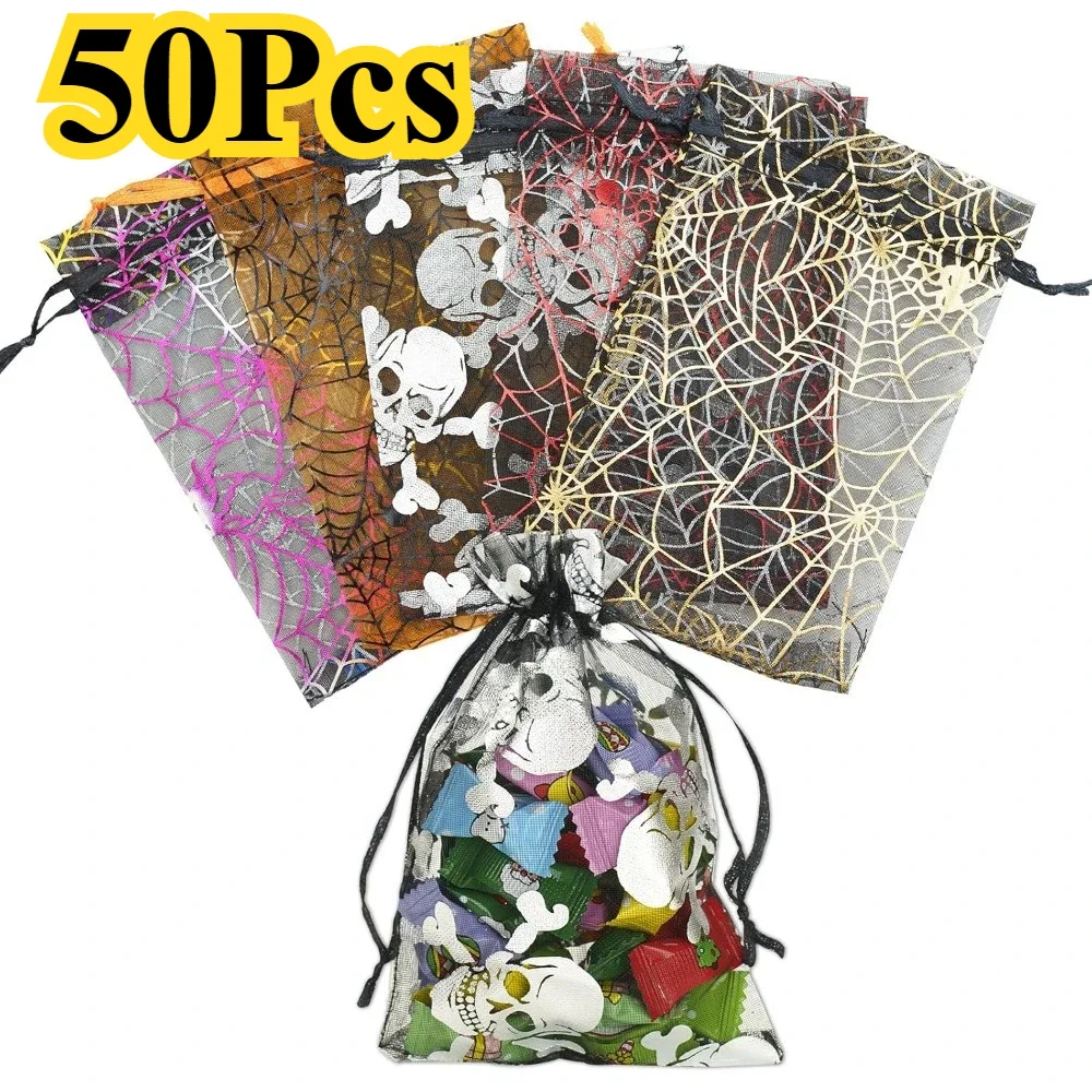 50Pcs Halloween Organza Drawstring Bags Skull Spider Web Bat Print Gift Pouches Trick or Treat Candy Jewelry Storage Bags Party