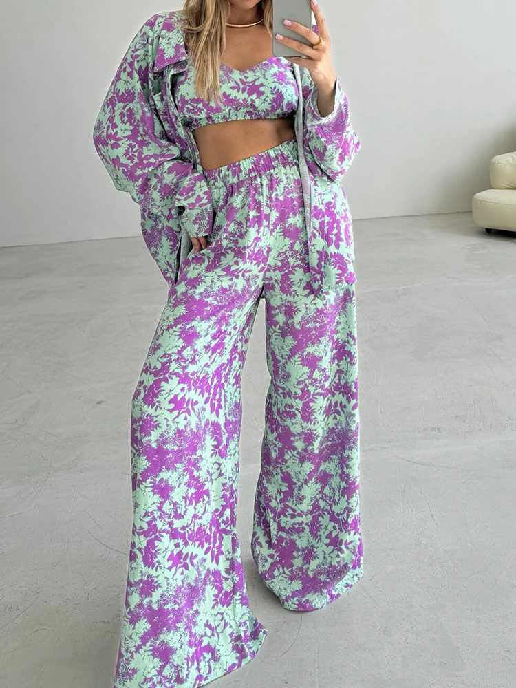 Linad Loose Women\'s Home Clothes 4 Piece Sets Print Long Sleeve Sleepwear Female Bra Casual Trouser Suits 2024 Summer Pajamas