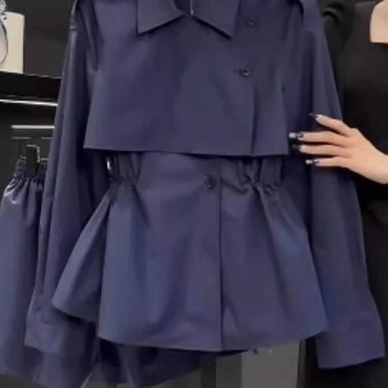 

2025 New Trench Coat Women Autumn Elegant Navy Blue Long-Sleeve Jacket Fashion Office High Quality Plus Size Slim Top Outwear