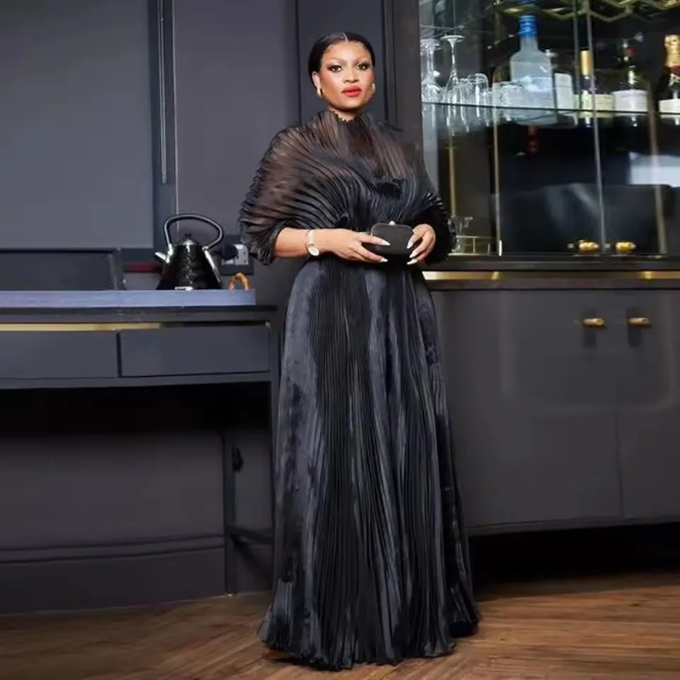 

Fashionable Coutue Black Pleated Long Women Dresses To Formal Event Party Modest Cape Cape Sleeves A-line Female Maxi Dress