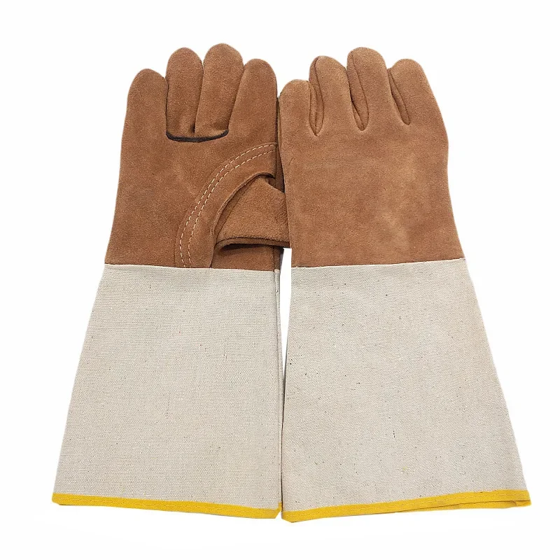 Welding Gloves Leather Long Wear-resistant Welding Welder Protective Gloves Canvas Sleeve Fur Pets Garden Gloves Work Safety