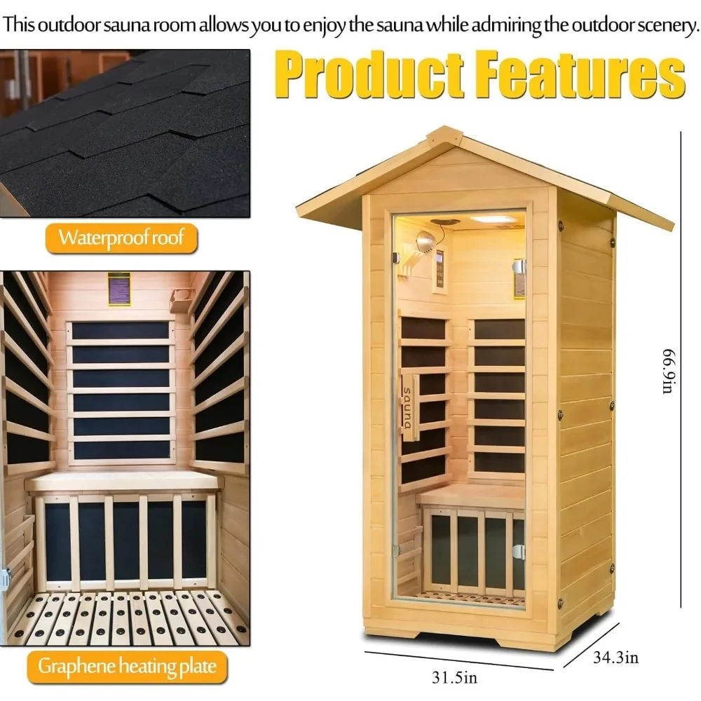 Outdoor Far Infrared Sauna, 1 Person Low EMF Indoor Home Saunas Canadian Hemlock Wood Dry Sauna 1400W/110V